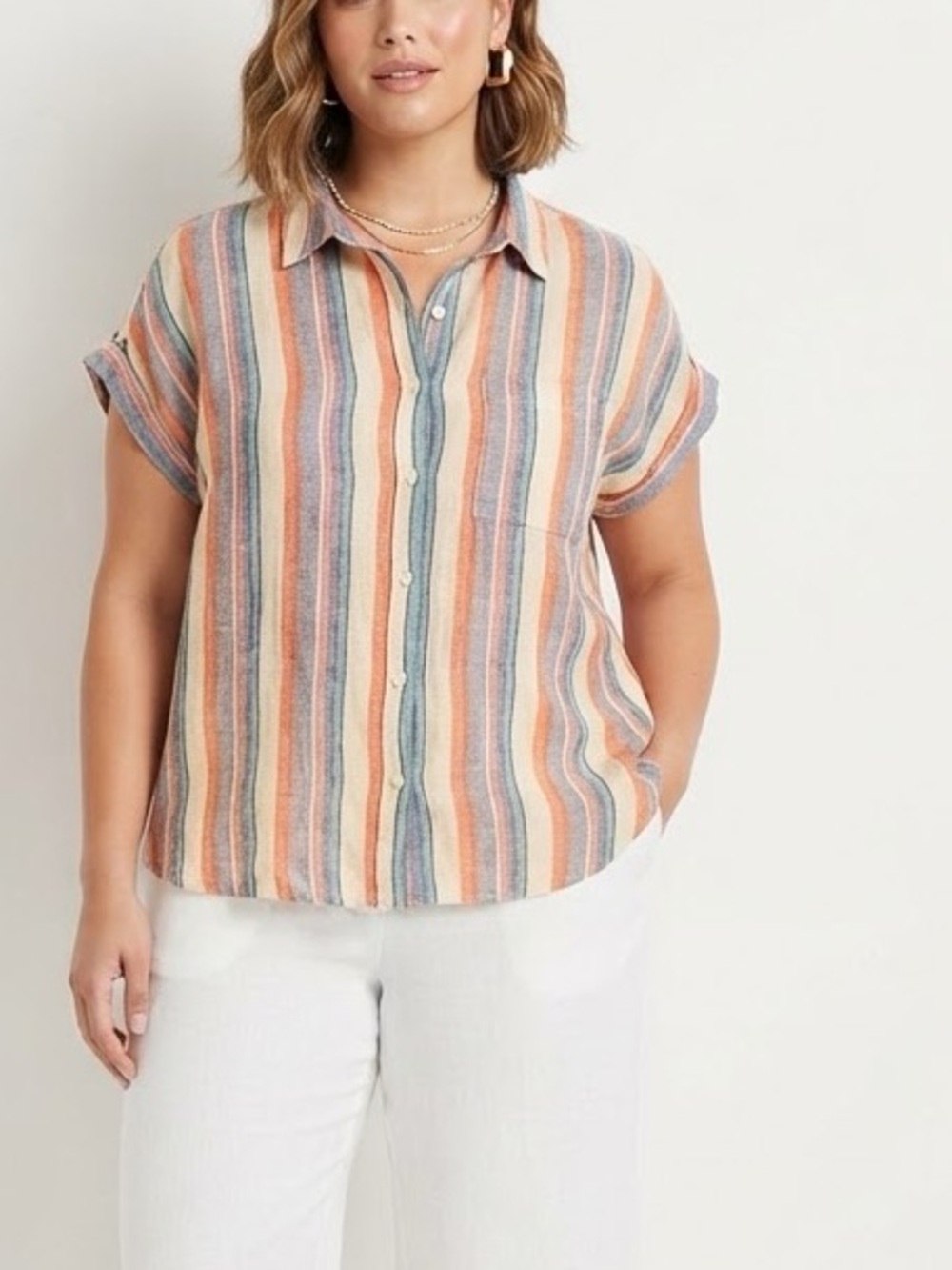 Orvis Women's Multi Stripe Short Sleeve Linen Blend Button-Up Shirt Multi Stripe